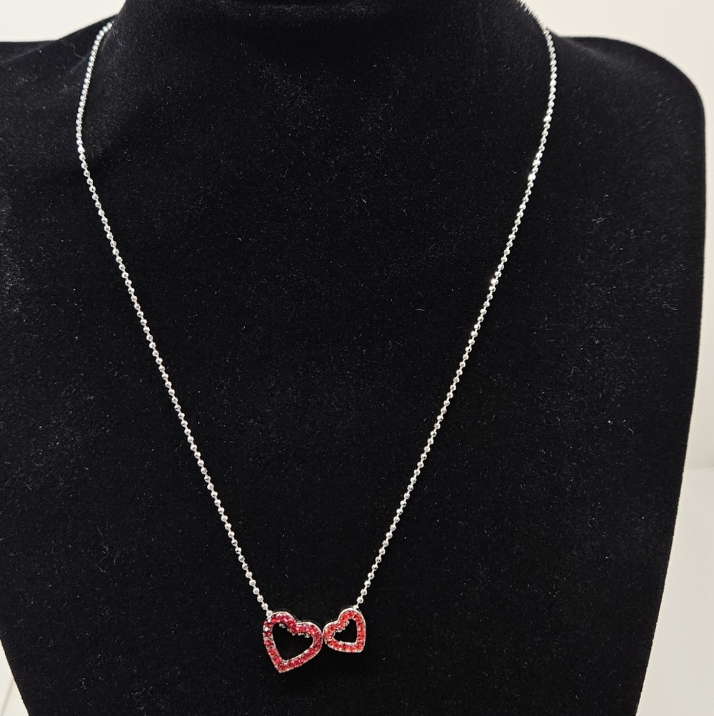 Red Crystal Double Heart Necklace Silver Tone Valentine's Day